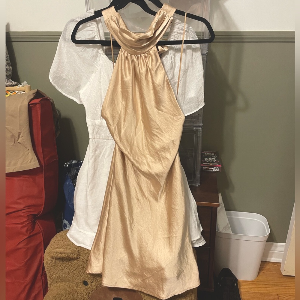 XS champagne flowy satin backless halter mini dress